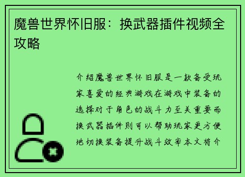 魔兽世界怀旧服：换武器插件视频全攻略